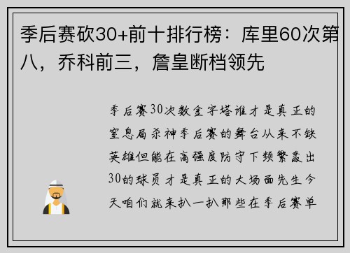 季后赛砍30+前十排行榜：库里60次第八，乔科前三，詹皇断档领先