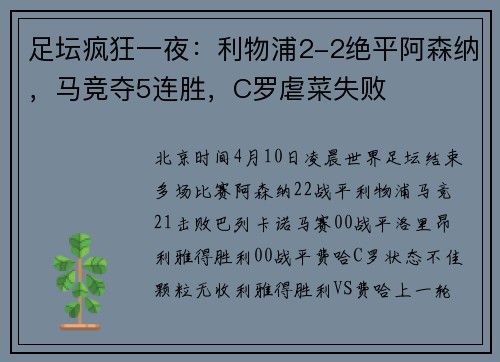 足坛疯狂一夜：利物浦2-2绝平阿森纳，马竞夺5连胜，C罗虐菜失败